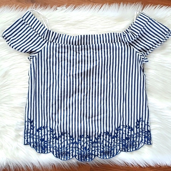 dizzylizzy Tops - Dizzylizzy Navy Blue Striped Scoop Neck Off Shoulder Nautical Embroidered Top M